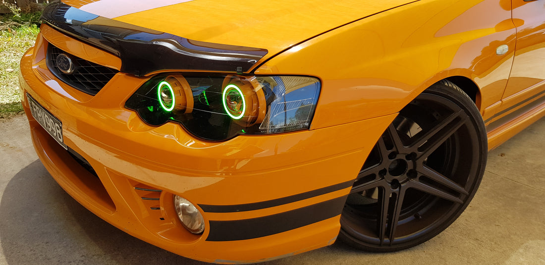 Ford Falcon BA XR6/XR8 Headlights with LED Projector, MultiColored Halos and Demon Eyes - Dan's Custom Car Lights
