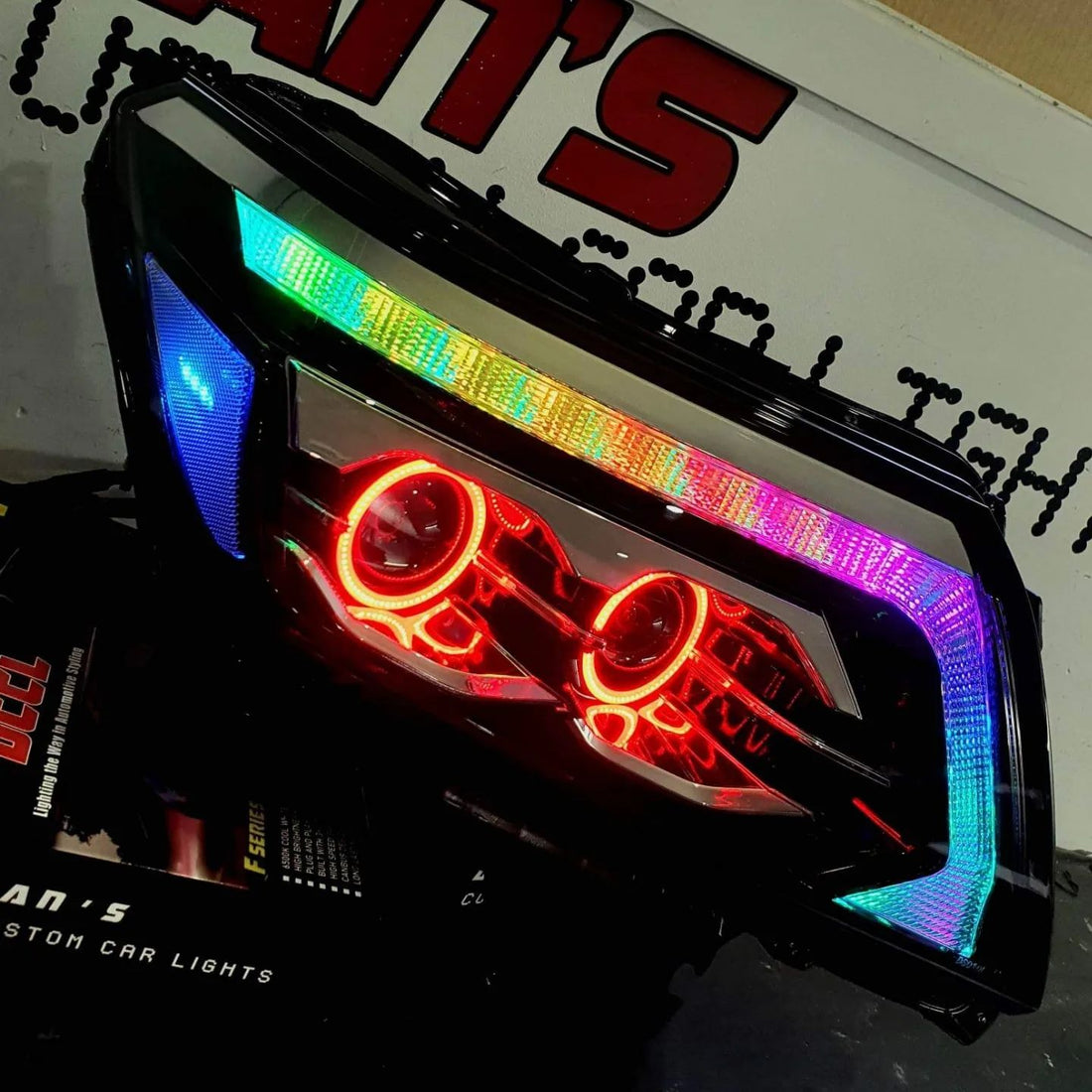 Nissan Navarra NP300 ST/STX RX/DX Quad Projector Headlights with Quad RGB Halorings (OPTION TO UPGRADE LED DRL TO CHASING RGBWA) - Dan's Custom Car Lights