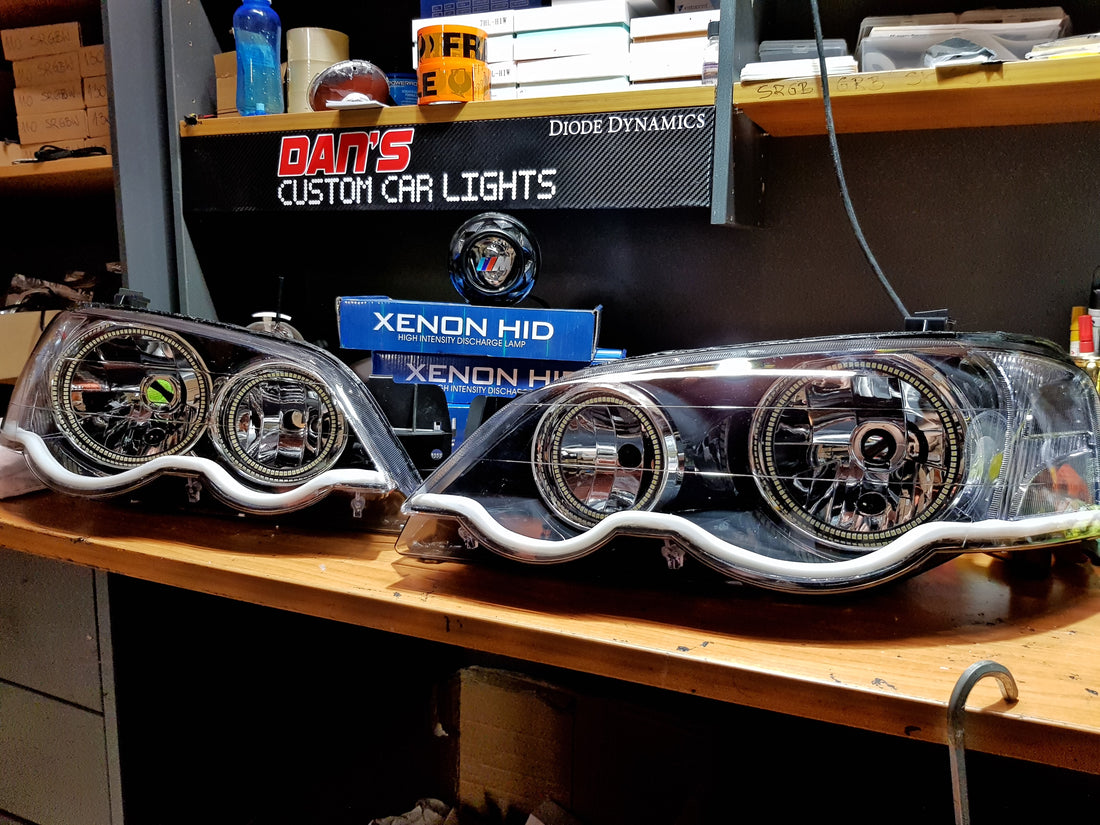 Ford Falcon BA/BF XR6/XR8 Headlights with Swithcback White/Amber Halo Rings and Switchback White/Amber DRL  - Dan's Custom Car Lights