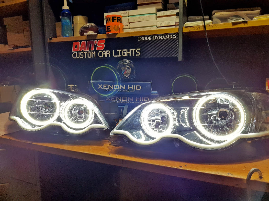 Ford Falcon BA/BF XR6/XR8 Headlights with Swithcback White/Amber Halo Rings and Switchback White/Amber DRL  - Dan's Custom Car Lights