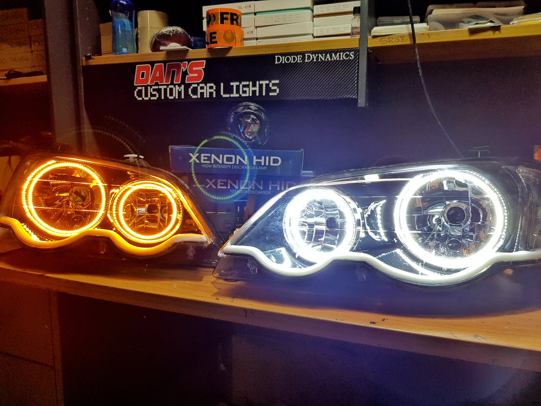 Ford Falcon BA/BF XR6/XR8 Headlights with Swithcback White/Amber Halo Rings and Switchback White/Amber DRL  - Dan's Custom Car Lights