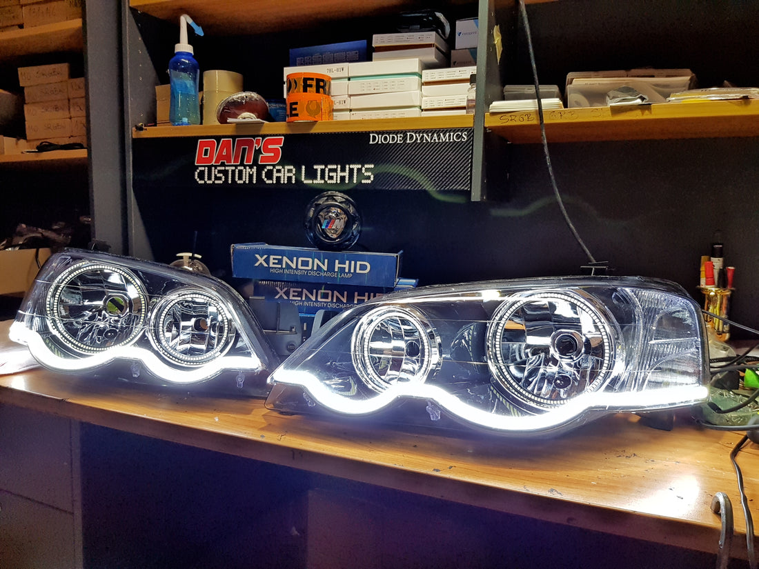 Ford Falcon BA/BF XR6/XR8 Headlights with Swithcback White/Amber Halo Rings and Switchback White/Amber DRL  - Dan's Custom Car Lights