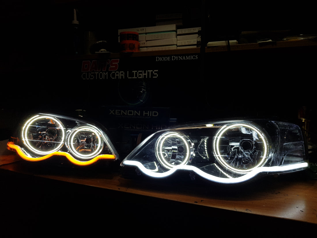 Ford Falcon BA/BF XR6/XR8 Headlights with Swithcback White/Amber Halo Rings and Switchback White/Amber DRL  - Dan's Custom Car Lights