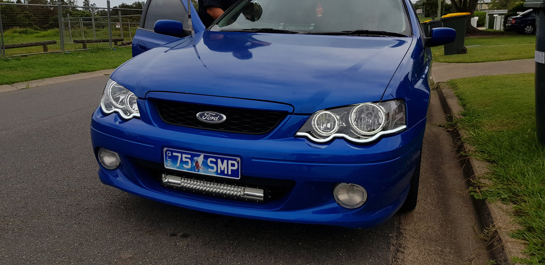 Ford Falcon BA/BF XR6/XR8 Headlights with Swithcback White/Amber Halo Rings and Switchback White/Amber DRL  - Dan's Custom Car Lights