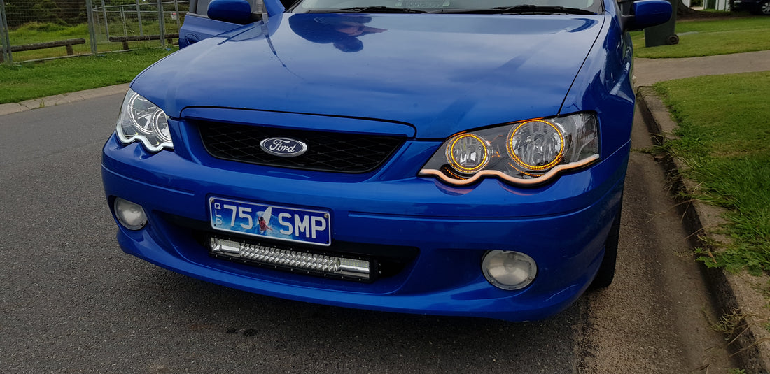 Ford Falcon BA/BF XR6/XR8 Headlights with Swithcback White/Amber Halo Rings and Switchback White/Amber DRL  - Dan's Custom Car Lights