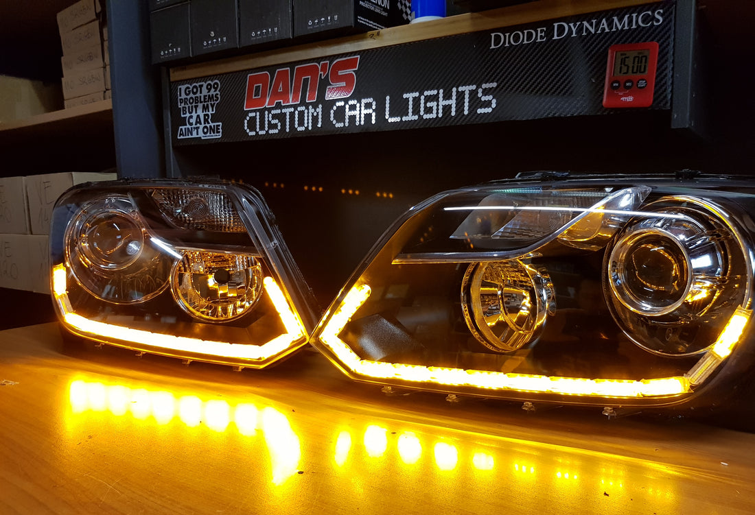 Volkswagen VW Amarok 2010-2022 Headlights with Low Beam LED Projectors and Sequential White/Amber LED DRL - Dan's Custom Car Lights
