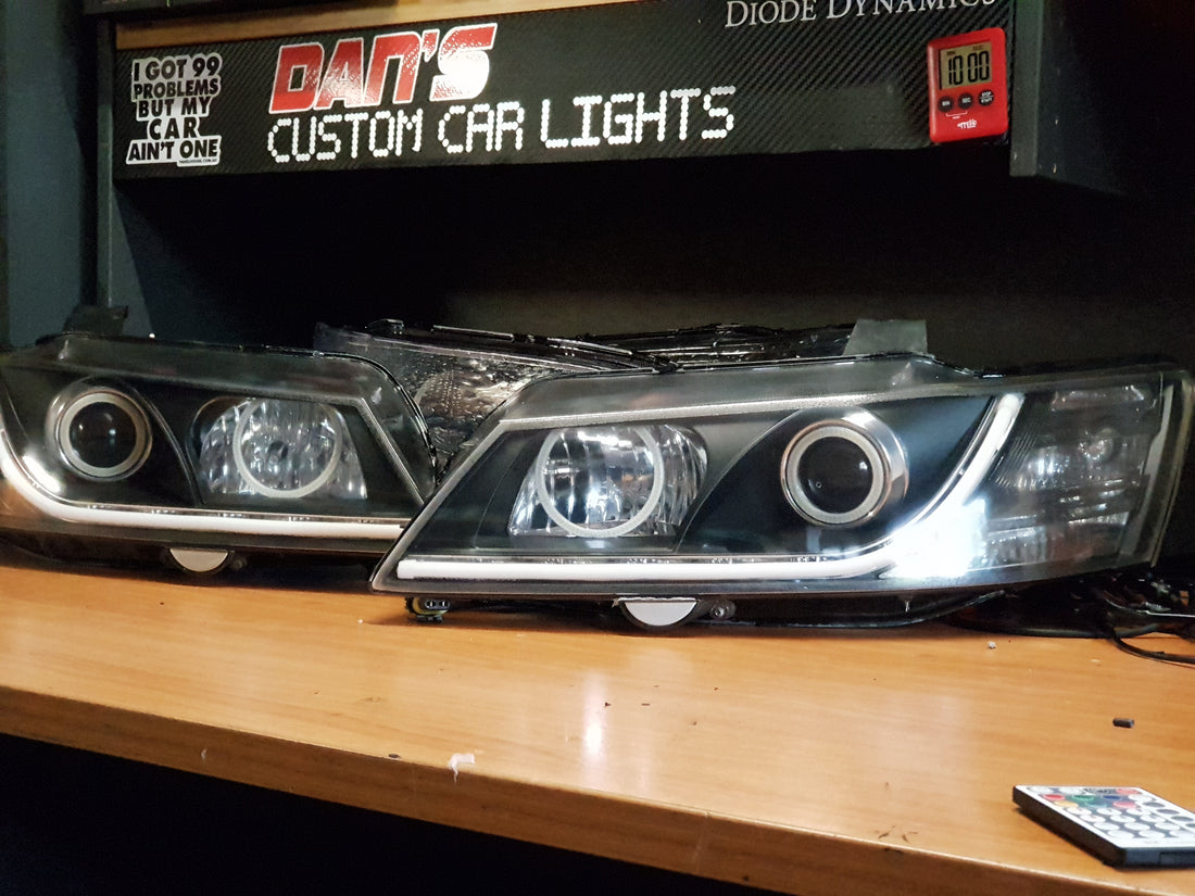 Holden VY Commodore Tube Style Switchback DRL Headlights with Quad Multicolored Halo Rings - Dan's Custom Car Lights