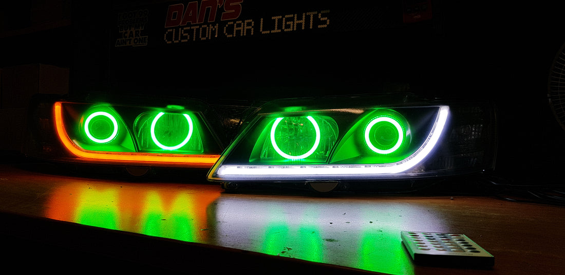 Holden VY Commodore Tube Style Switchback DRL Headlights with Quad Multicolored Halo Rings - Dan's Custom Car Lights