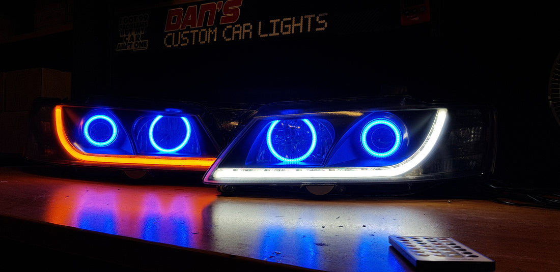 Holden VY Commodore Tube Style Switchback DRL Headlights with Quad Multicolored Halo Rings - Dan's Custom Car Lights