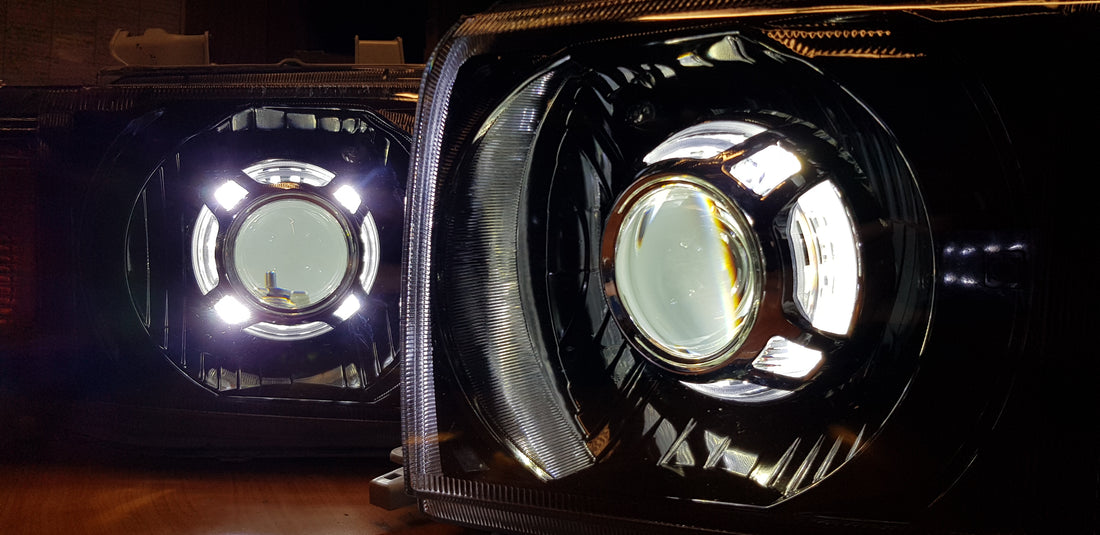 Toyota Landcruiser 76 77 78 and 79 series Headlights w/ Panamera Shrouds - Dan's Custom Car Lights