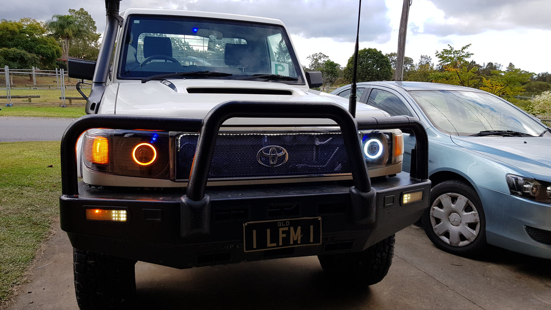 Toyota Landcruiser 76 77 78 and 79 series Headlights w/ White/Amber Halorings - Dan's Custom Car Lights