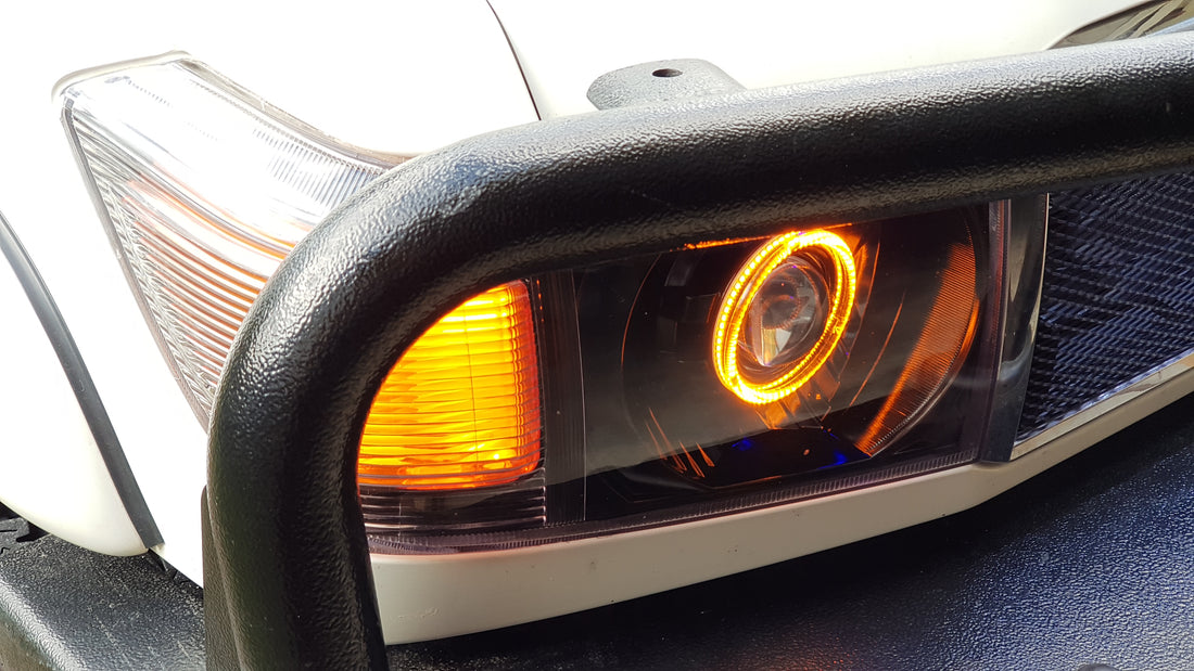 Toyota Landcruiser 76 77 78 and 79 series Headlights w/ White/Amber Halorings - Dan's Custom Car Lights
