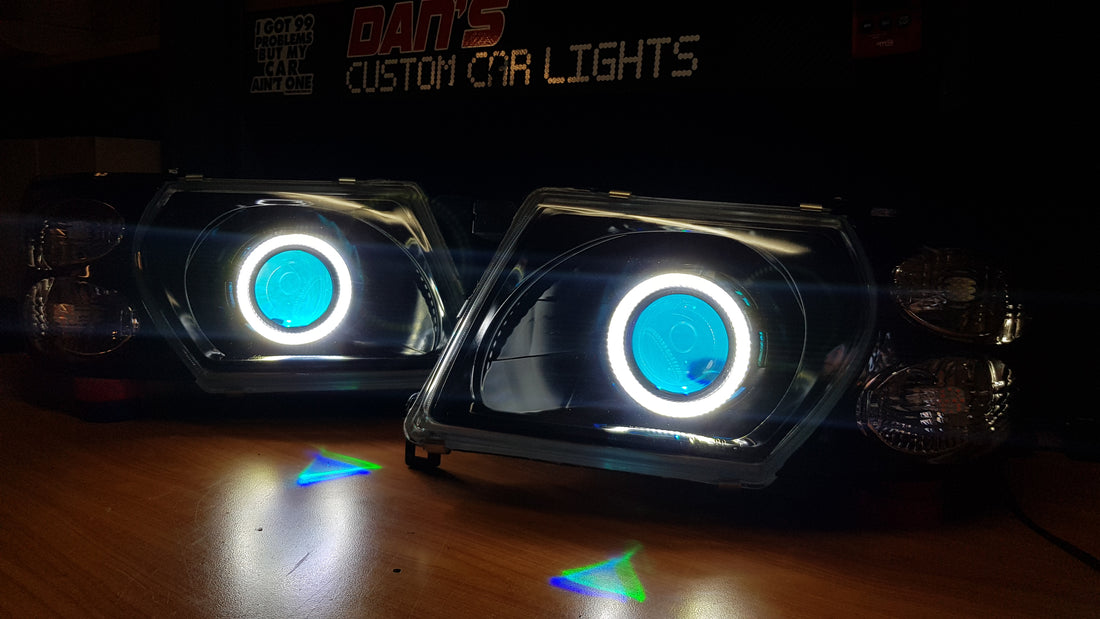 Nissan Patrol GU S1-S3 Headlights with Switchback White/Amber Halorings and RGB Demon eyes - Dan's Custom Car Lights