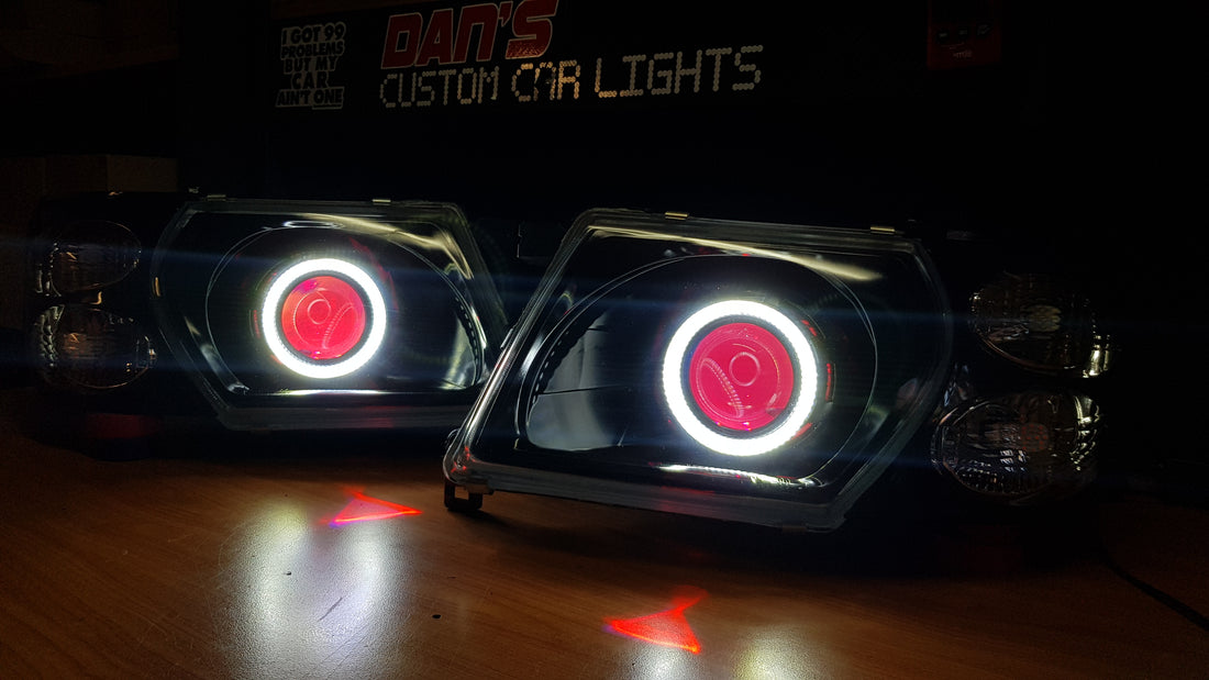 Nissan Patrol GU S1-S3 Headlights with Switchback White/Amber Halorings and RGB Demon eyes - Dan's Custom Car Lights
