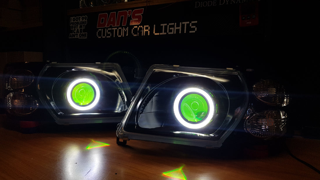 Nissan Patrol GU S1-S3 Headlights with Switchback White/Amber Halorings and RGB Demon eyes - Dan's Custom Car Lights
