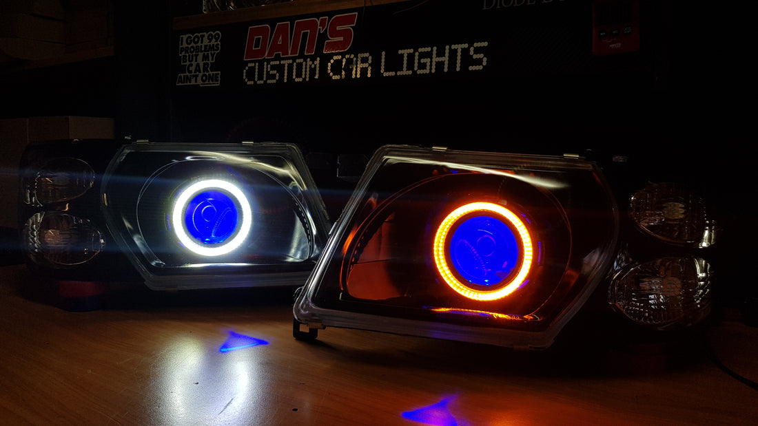 Nissan Patrol GU S1-S3 Headlights with Switchback White/Amber Halorings and RGB Demon eyes - Dan's Custom Car Lights