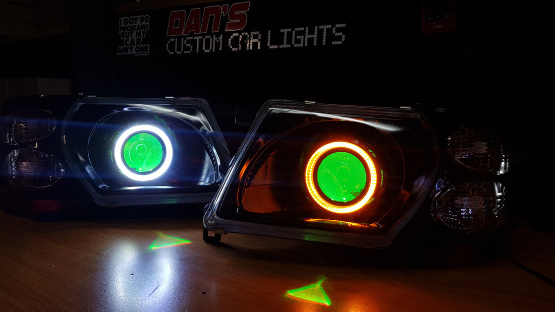 Nissan Patrol GU S1-S3 Headlights with Switchback White/Amber Halorings and RGB Demon eyes - Dan's Custom Car Lights