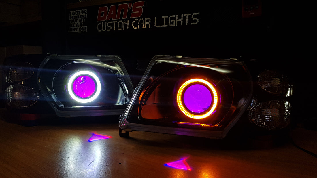 Nissan Patrol GU S1-S3 Headlights with Switchback White/Amber Halorings and RGB Demon eyes - Dan's Custom Car Lights