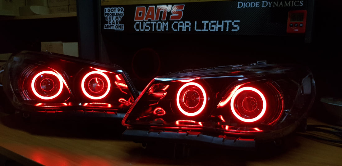 Holden VF Commodore Headlights w/ LED Projectors and Multicoloured Halo Rings - Dan's Custom Car Lights