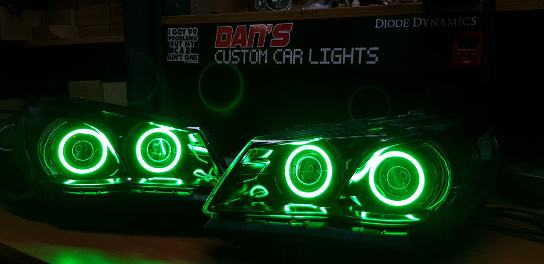 Holden VF Commodore Headlights w/ LED Projectors and Multicoloured Halo Rings - Dan's Custom Car Lights