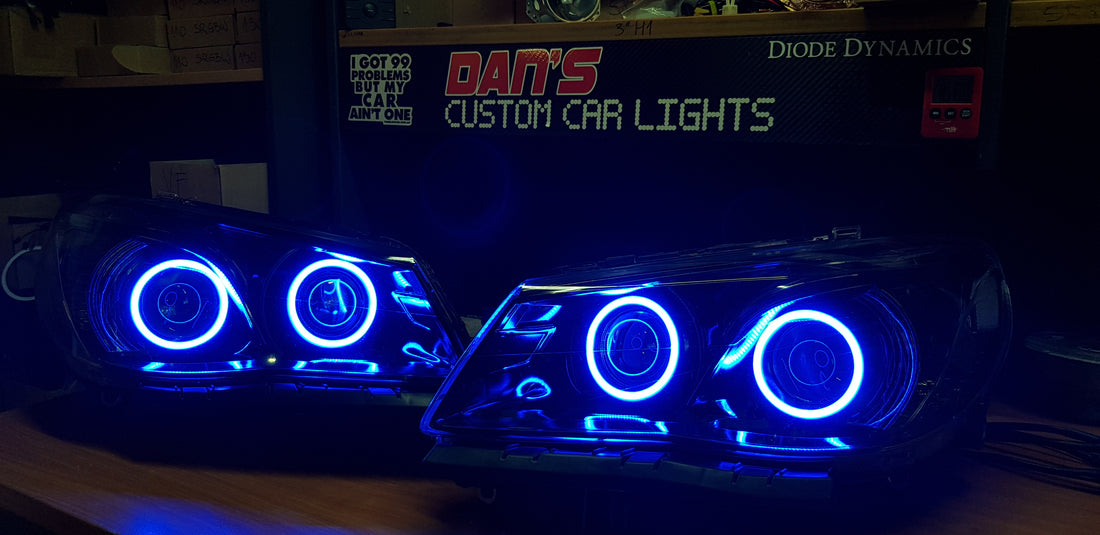 Holden VF Commodore Headlights w/ LED Projectors and Multicoloured Halo Rings - Dan's Custom Car Lights