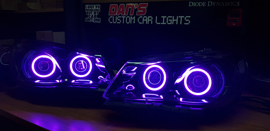 Holden VF Commodore Headlights w/ LED Projectors and Multicoloured Halo Rings - Dan's Custom Car Lights