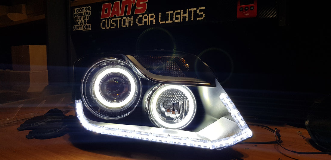 Volkswagen VW Amarok 2010-2022 Headlights with Low Beam LED Projectors, Switchback White/Amber LED Halo rings, and Sequential DRL - Dan's Custom Car Lights