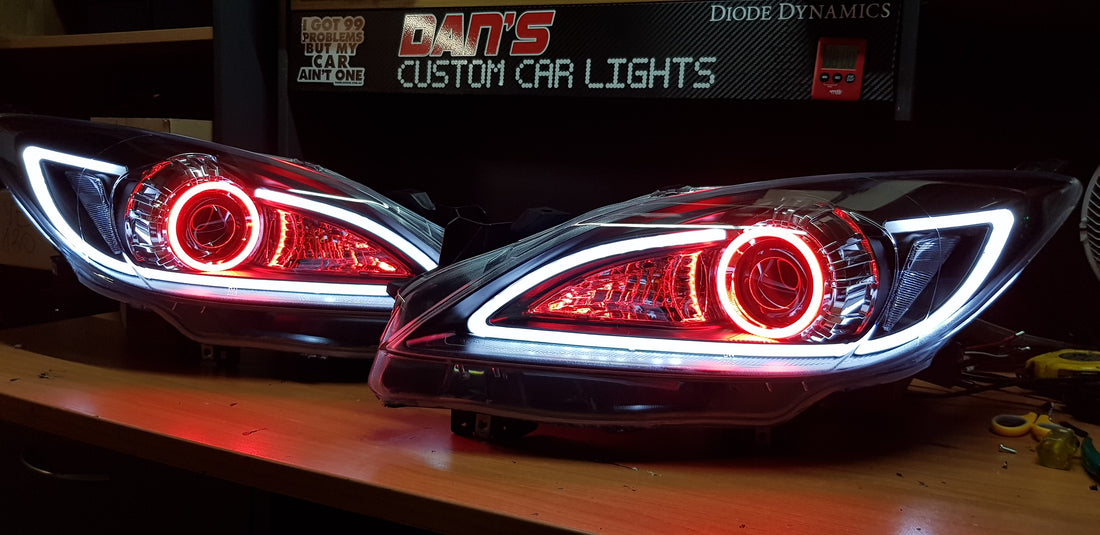 Mazda 3 BL 2009-2013 DRL Style Headlights with LED Multicoloured Halo Rings - Dan's Custom Car Lights