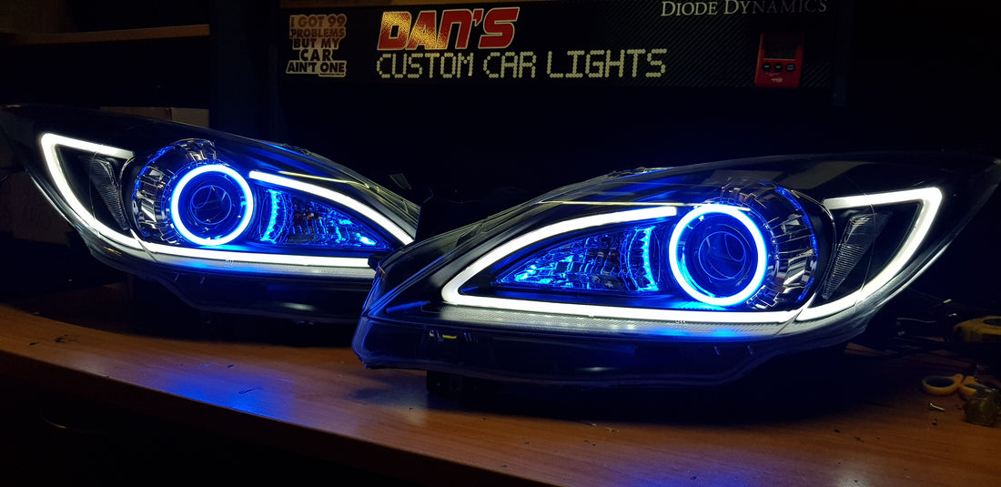 Mazda 3 BL 2009-2013 DRL Style Headlights with LED Multicoloured Halo Rings - Dan's Custom Car Lights