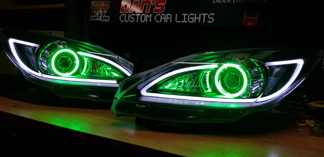 Mazda 3 BL 2009-2013 DRL Style Headlights with LED Multicoloured Halo Rings - Dan's Custom Car Lights