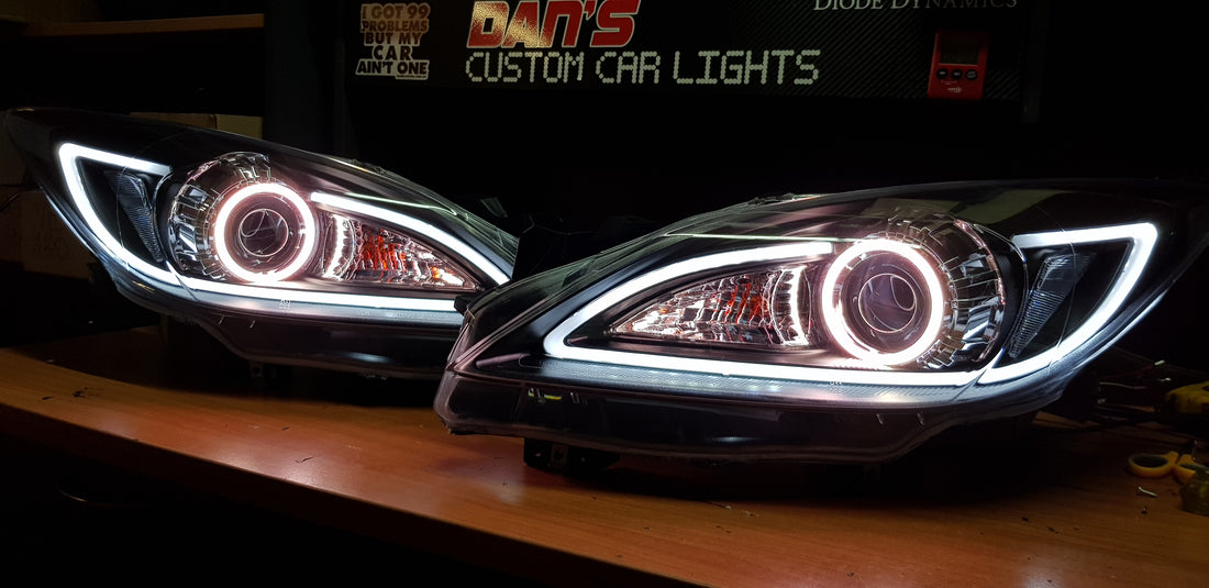 Mazda 3 BL 2009-2013 DRL Style Headlights with LED Multicoloured Halo Rings - Dan's Custom Car Lights