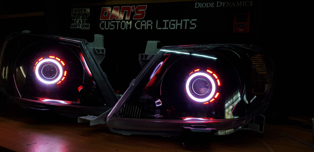 Toyota Hilux 2005 -2015 with Projectors and Dual Multicoloured Halo Rings - Dan's Custom Car Lights