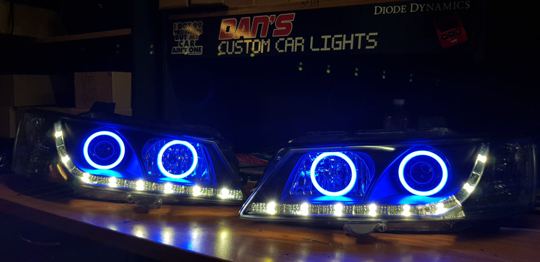 Holden VY Commodore DRL Headlights with Multicolored Halo Rings - Dan's Custom Car Lights