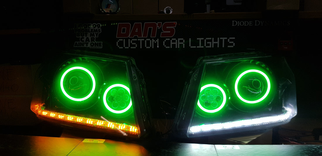 Holden RC Colorado Headlights with LED Devil Eyes Projectors, Multicoloured Halo Rings and DRL - Dan's Custom Car Lights