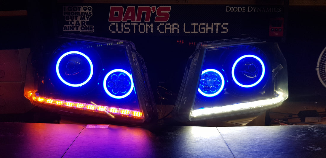 Holden RC Colorado Headlights with LED Devil Eyes Projectors, Multicoloured Halo Rings and DRL - Dan's Custom Car Lights
