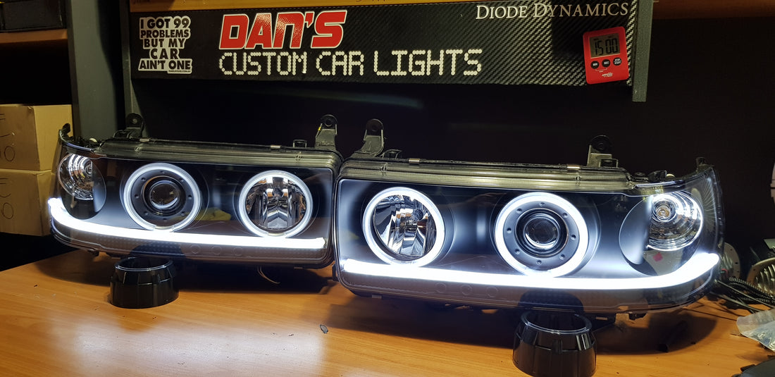 Toyota Landcruiser 80 series Headlights with Quad Multicoloured Halorings & DRLS - Dan's Custom Car Lights