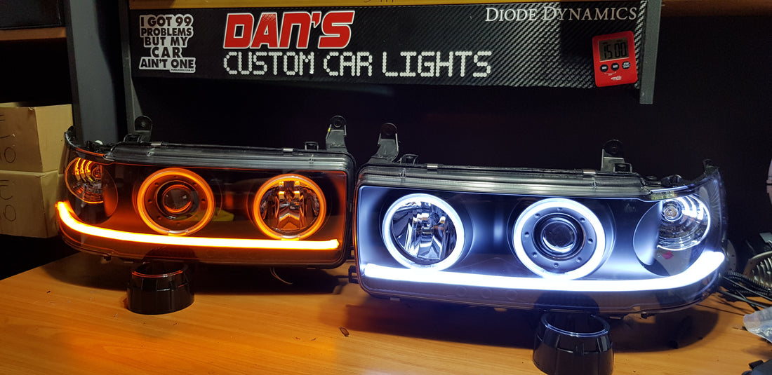 Toyota Landcruiser 80 series Headlights with Quad Multicoloured Halorings & DRLS - Dan's Custom Car Lights
