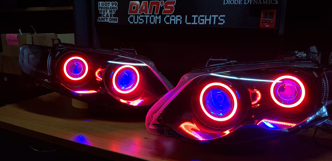 Ford Falcon FG XR6/XR8 MK1/MK2 Headlights with Quad Projectors, Quad RGB Multicolored Halos & Quad RGB Multicolored Demon Eyes - Dan's Custom Car Lights