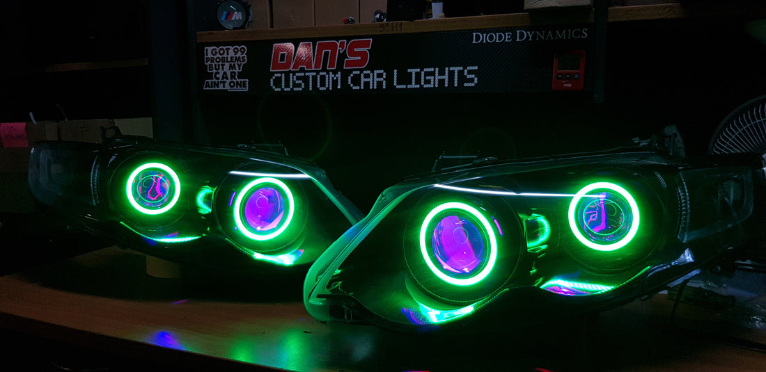 Ford Falcon FG XR6/XR8 MK1/MK2 Headlights with Quad Projectors, Quad RGB Multicolored Halos & Quad RGB Multicolored Demon Eyes - Dan's Custom Car Lights