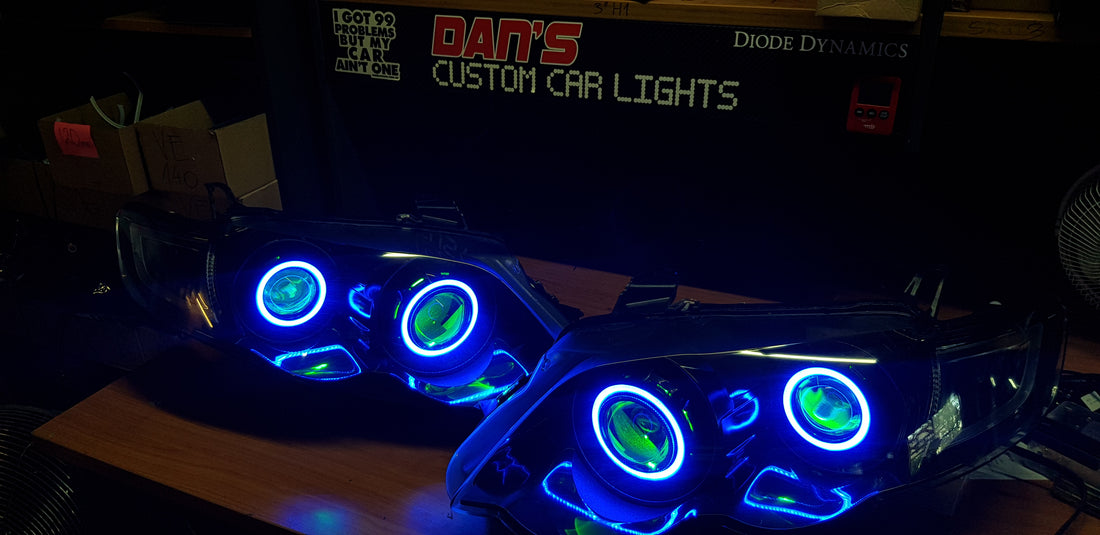 Ford Falcon FG XR6/XR8 MK1/MK2 Headlights with Quad Projectors, Quad RGB Multicolored Halos & Quad RGB Multicolored Demon Eyes - Dan's Custom Car Lights