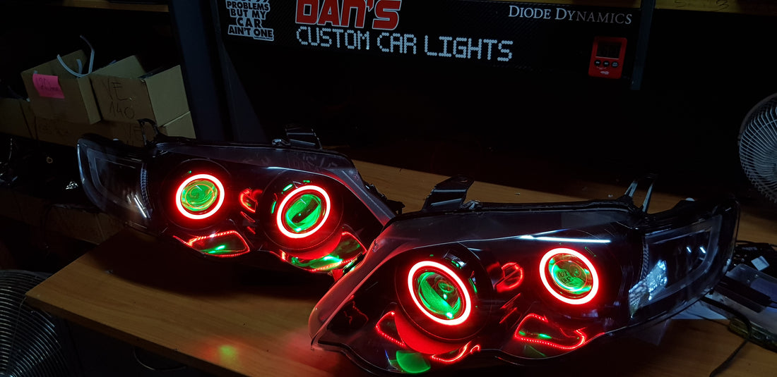 Ford Falcon FG XR6/XR8 MK1/MK2 Headlights with Quad Projectors, Quad RGB Multicolored Halos & Quad RGB Multicolored Demon Eyes - Dan's Custom Car Lights