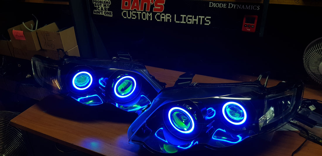 Ford Falcon FG XR6/XR8 MK1/MK2 Headlights with Quad Projectors, Quad RGB Multicolored Halos & Quad RGB Multicolored Demon Eyes - Dan's Custom Car Lights