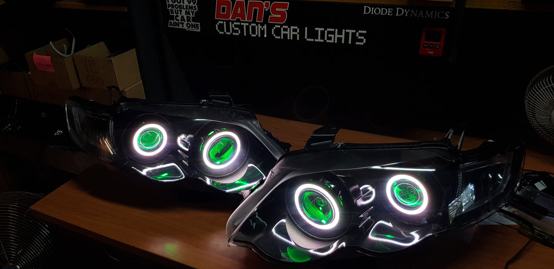Ford Falcon FG XR6/XR8 MK1/MK2 Headlights with Quad Projectors, Quad RGB Multicolored Halos & Quad RGB Multicolored Demon Eyes - Dan's Custom Car Lights