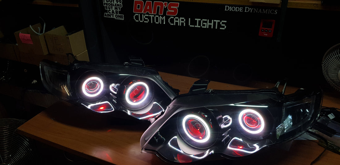Ford Falcon FG XR6/XR8 MK1/MK2 Headlights with Quad Projectors, Quad RGB Multicolored Halos & Quad RGB Multicolored Demon Eyes - Dan's Custom Car Lights