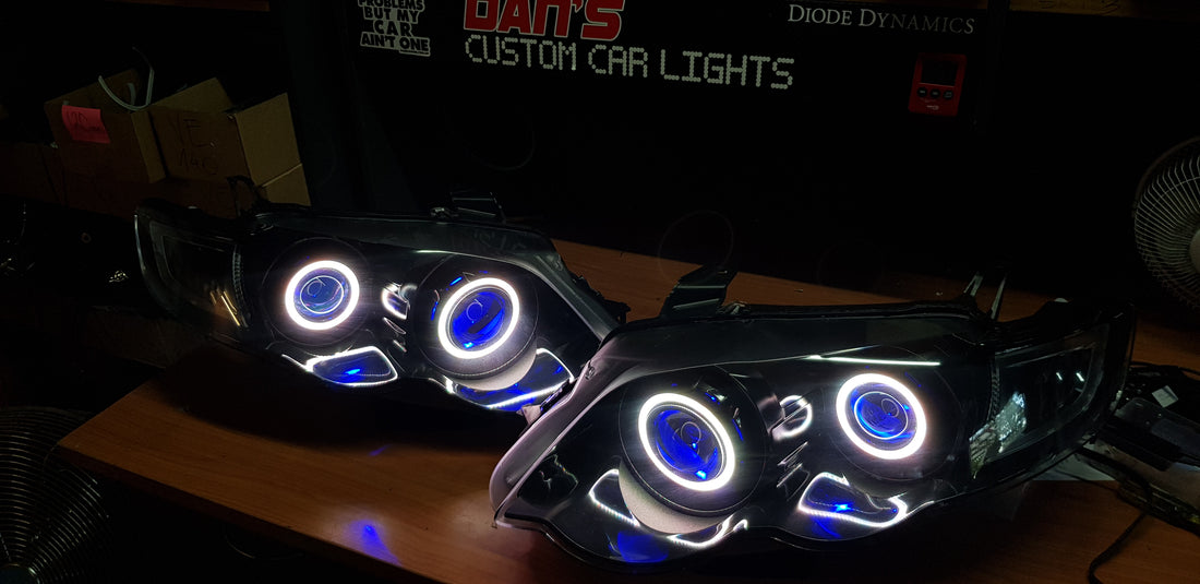 Ford Falcon FG XR6/XR8 MK1/MK2 Headlights with Quad Projectors, Quad RGB Multicolored Halos & Quad RGB Multicolored Demon Eyes - Dan's Custom Car Lights