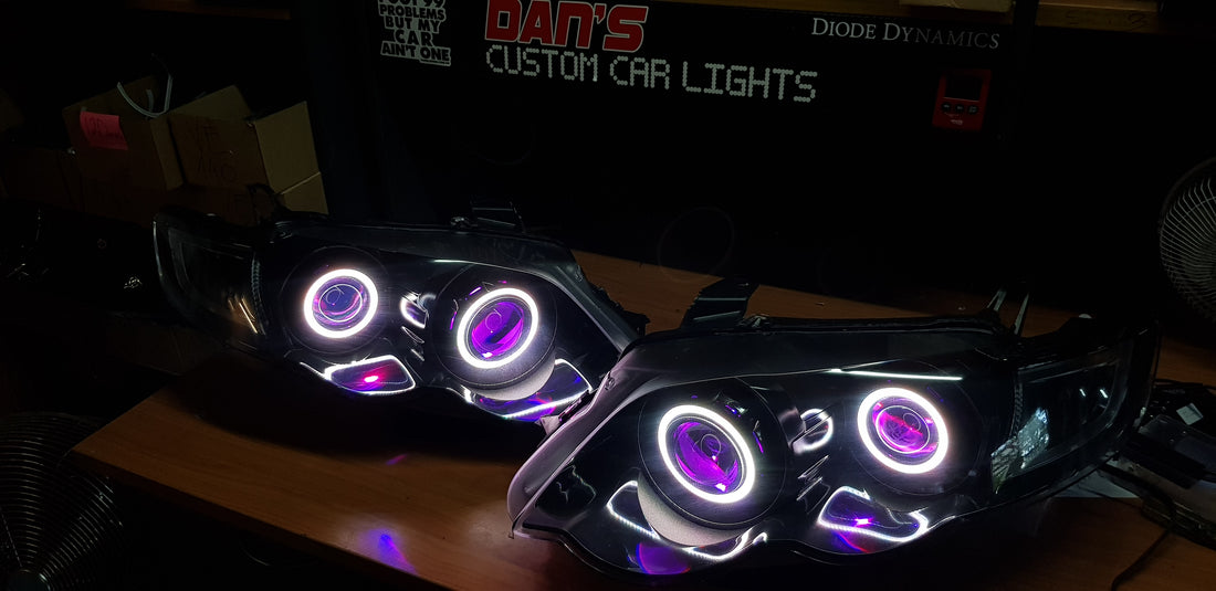 Ford Falcon FG XR6/XR8 MK1/MK2 Headlights with Quad Projectors, Quad RGB Multicolored Halos & Quad RGB Multicolored Demon Eyes - Dan's Custom Car Lights