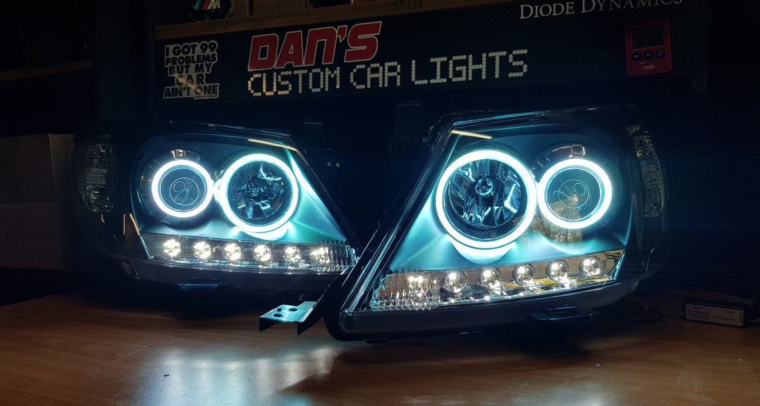 Toyota Hilux N70 2005-11 Clear Style DRL Headlights with Quad RGB Multicolored Halo Rings - Dan's Custom Car Lights