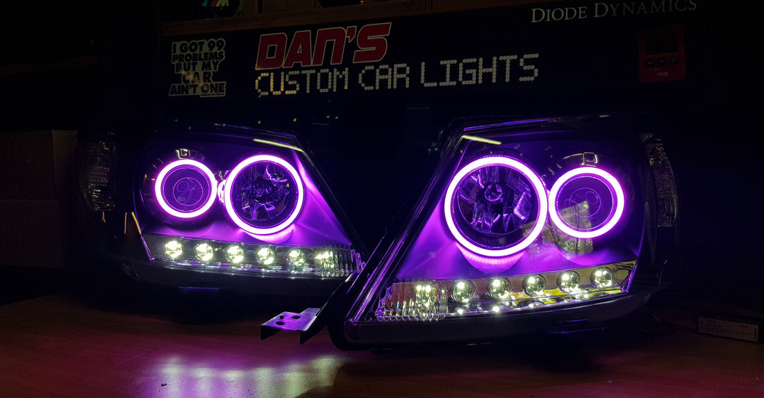 Toyota Hilux N70 2005-11 Clear Style DRL Headlights with Quad RGB Multicolored Halo Rings - Dan's Custom Car Lights