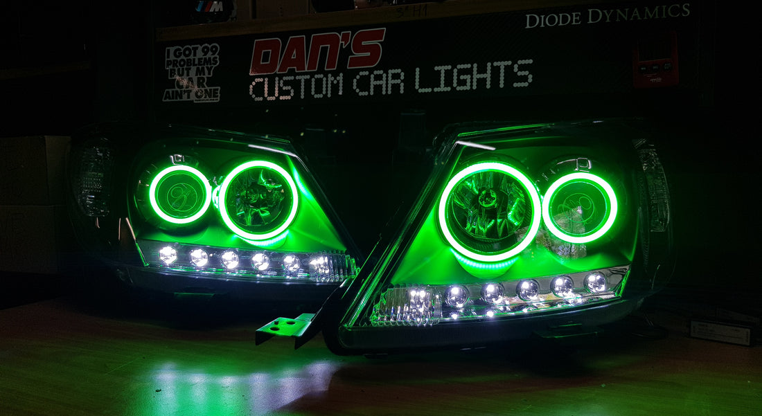 Toyota Hilux N70 2005-11 Clear Style DRL Headlights with Quad RGB Multicolored Halo Rings - Dan's Custom Car Lights