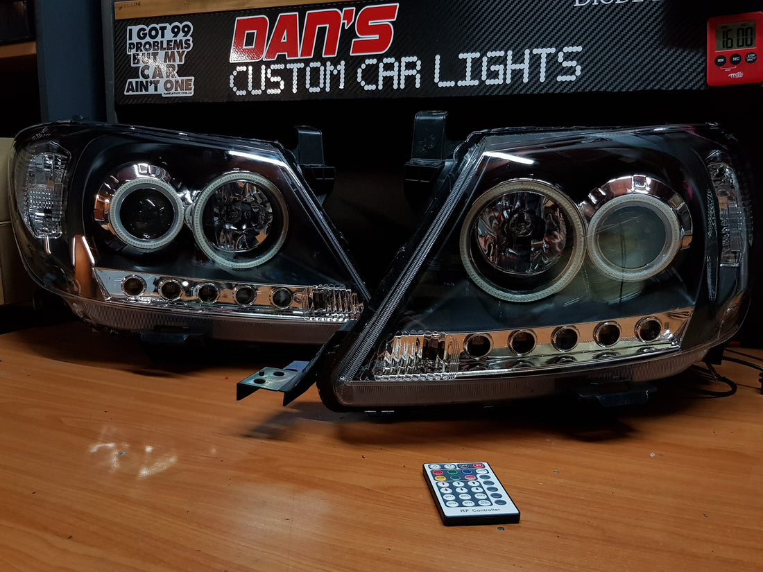 Toyota Hilux N70 2005-11 Clear Style DRL Headlights with Quad RGB Multicolored Halo Rings - Dan's Custom Car Lights
